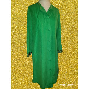 Vintage 1960s 1970s Green Gold Montgomery Ward Housedress Robe Duster Jacket 14